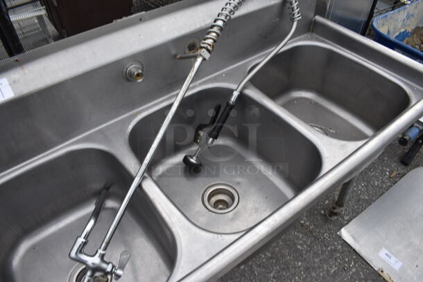 Stainless Steel Commercial 3 Bay Sink w/ Faucet and Spray Nozzle Attachment. 57x24x40. Bays 16x19x10 - Image 3 of 3