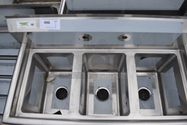 BRAND NEW SCRATCH AND DENT! Regency Stainless Steel Commercial 3 Bay Sink. Does Not Come w/ Legs. 39x19x25. Bays 10x14x12 - Image 3 of 4