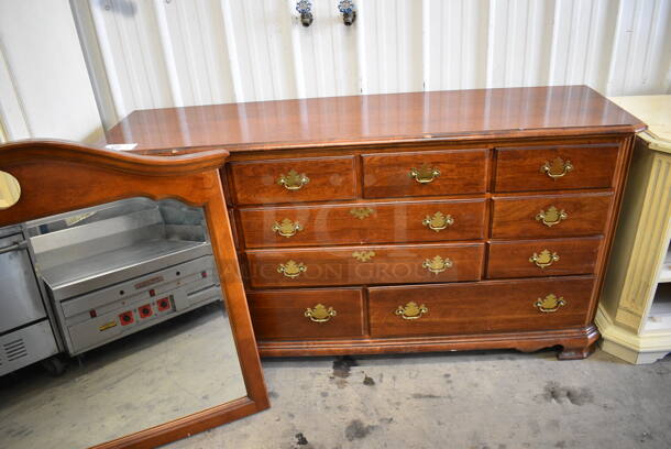 Wood Pattern 10 Drawer Dresser w/ Mirror. 66x18x35, 53x2.5x40