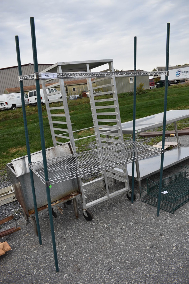 Green and Chrome Finish 2 Tier Shelving Unit. 48x18x75. BUYER MUST DISMANTLE. PCI CANNOT DISMANTLE FOR SHIPPING. PLEASE CONSIDER FREIGHT CHARGES. - Image 1 of 3