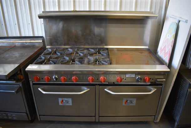 AWESOME! CPG Stainless Steel Commercial Gas Powered 6 Burner Range w/ Right Side Flat Top Griddle, 2 Lower Ovens and Stainless Steel Overshelf. 60x34x57 - Image 1 of 9