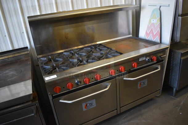 AWESOME! CPG Stainless Steel Commercial Gas Powered 6 Burner Range w/ Right Side Flat Top Griddle, 2 Lower Ovens and Stainless Steel Overshelf. 60x34x57 - Image 2 of 9