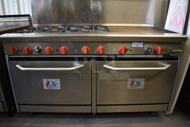 AWESOME! CPG Stainless Steel Commercial Gas Powered 6 Burner Range w/ Right Side Flat Top Griddle, 2 Lower Ovens and Stainless Steel Overshelf. 60x34x57 - Image 3 of 9