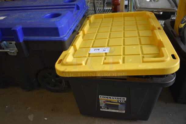 Black and Yellow Poly Bin w/ Moving Blanket and Seat Pillow. 30x20x16