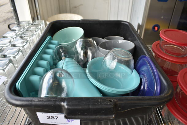 ALL ONE MONEY! Lot of Various Plastic Dishes in Black Poly Bus Bin! 21x15x7
