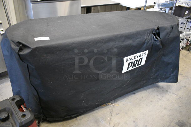Backyard Pro Metal Commercial Portable Catering Charbroiler Grill w/ Tarp on Commercial Casters. 72x24x35 - Image 2 of 8
