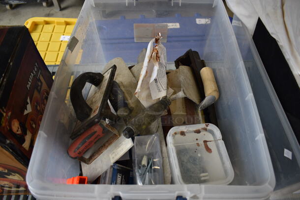 ALL ONE MONEY! Lot of Various Items Including Tools in Clear Poly Bin! 23x16x13