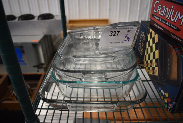 5 Various Glass Casserole Dishes. Includes 11.5x5.5x3. 5 Times Your Bid!