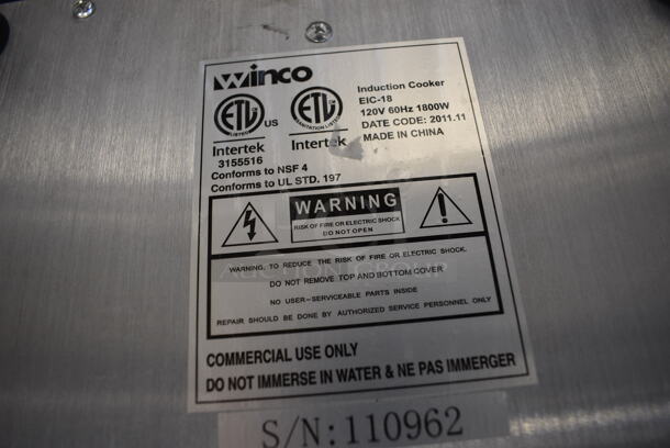 Winco Model EIC-18 Stainless Steel Countertop Electric Powered Induction Range. 120 Volts, 1 Phase. 13x17x14 - Image 6 of 6