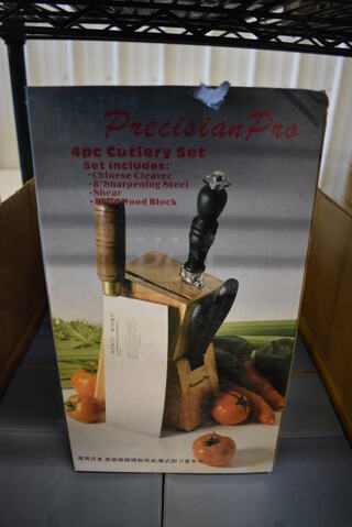 12 BRAND NEW IN BOX! Precision Pro 4 Piece Cutlery Sets; Chinese Cleaver, 8" Sharpening Steel, Shear and Solid Wood Block. 12 Times Your Bid!