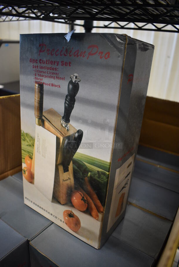 12 BRAND NEW IN BOX! Precision Pro 4 Piece Cutlery Sets; Chinese Cleaver, 8" Sharpening Steel, Shear and Solid Wood Block. 12 Times Your Bid! - Image 2 of 5