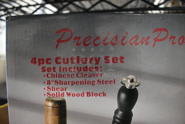 12 BRAND NEW IN BOX! Precision Pro 4 Piece Cutlery Sets; Chinese Cleaver, 8" Sharpening Steel, Shear and Solid Wood Block. 12 Times Your Bid! - Image 4 of 5
