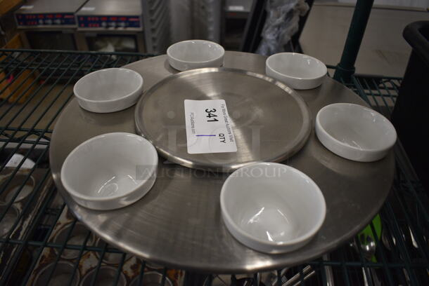 Metal Round Spinning Serving Tray w/ 6 White Ceramic Bowls. 16x16x2.5