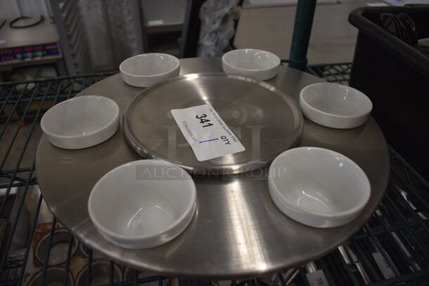Metal Round Spinning Serving Tray w/ 6 White Ceramic Bowls. 16x16x2.5 - Image 3 of 3