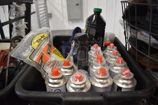 ALL ONE MONEY! Lot of Various Items Including Butane Fuel in Black Poly Bus Bin!