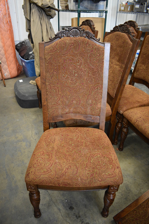 6 Wooden Dining Chairs w/ Brown Patterned Seat and Backrest. 23x21x47. 6 Times Your Bid!