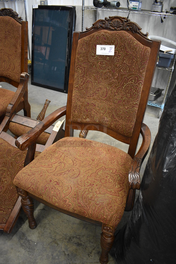 2 Wooden Dining Chairs w/ Arm Rests, Brown Patterned Seat and Backrest. One Has Broken Leg. 26x21x47. 2 Times Your Bid! - Image 2 of 4