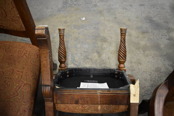 2 Wooden Dining Chairs w/ Arm Rests, Brown Patterned Seat and Backrest. One Has Broken Leg. 26x21x47. 2 Times Your Bid! - Image 3 of 4