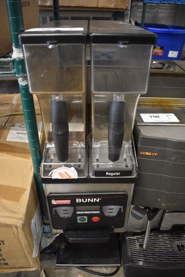 NICE! 2013 Bunn Model MHG Stainless Steel Commercial Countertop Coffee Bean Grinder w/ 2 Hoppers. 120 Volts, 1 Phase. 9x18x30. Tested and Working!