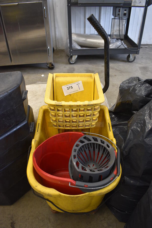 Yellow Poly Mop Bucket w/ Wringing Attachment and Red Mop Bucket. 16x22x36