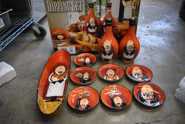 ALL ONE MONEY! Lot of Various Waiter's Orange and Black Ceramic Plates, Oil Bottles. Goes GREAT w/ Items 306 and 324! Includes 4x4x11