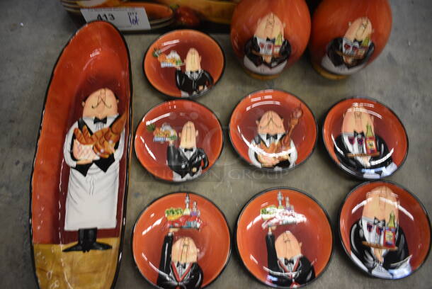 ALL ONE MONEY! Lot of Various Waiter's Orange and Black Ceramic Plates, Oil Bottles. Goes GREAT w/ Items 306 and 324! Includes 4x4x11 - Image 2 of 4