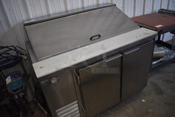 NICE! Stainless Steel Commercial Sandwich Salad Prep Table Bain Marie Mega Top w/ 12 Poly Clear 1/6 Size Drop In Bins on Commercial Casters. 48x32x44. Tested and Powers On But Does Not Get Cold - Image 2 of 7