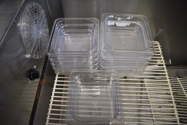 NICE! Stainless Steel Commercial Sandwich Salad Prep Table Bain Marie Mega Top w/ 12 Poly Clear 1/6 Size Drop In Bins on Commercial Casters. 48x32x44. Tested and Powers On But Does Not Get Cold - Image 4 of 7