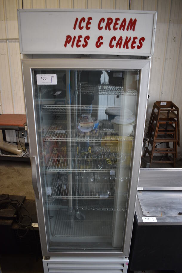 GREAT! Beverage Air Model CFG24-1 Metal Commercial Single Door Reach In Freezer Merchandiser on Commercial Casters. 115 Volts, 1 Phase. 25.5x34x82. Tested and Powers On But Does Not Get Cold