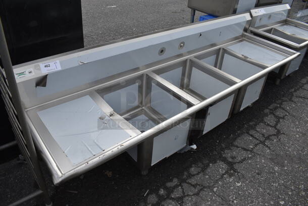 BRAND NEW SCRATCH AND DENT! Regency Stainless Steel Commercial 3 Bay Sink w/ Dual Drainboards. Does Not Come w/ Legs. 88x25x26. Bays 16x20x12. Drainboards 16x22x2
