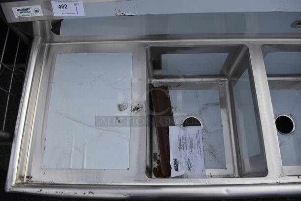 BRAND NEW SCRATCH AND DENT! Regency Stainless Steel Commercial 3 Bay Sink w/ Dual Drainboards. Does Not Come w/ Legs. 88x25x26. Bays 16x20x12. Drainboards 16x22x2 - Image 3 of 5