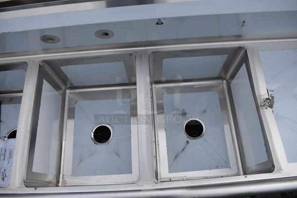 BRAND NEW SCRATCH AND DENT! Regency Stainless Steel Commercial 3 Bay Sink w/ Dual Drainboards. Does Not Come w/ Legs. 88x25x26. Bays 16x20x12. Drainboards 16x22x2 - Image 4 of 5