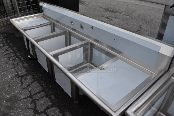 BRAND NEW SCRATCH AND DENT! Regency Stainless Steel Commercial 3 Bay Sink w/ Dual Drainboards. Does Not Come w/ Legs. 88x25x26. Bays 16x20x12. Drainboards 16x22x2 - Image 5 of 5