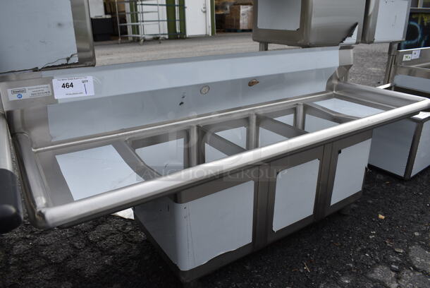 BRAND NEW SCRATCH AND DENT! Regency Stainless Steel Commercial 3 Bay Sink w/ Dual Drainboards. Does Not Come w/ Legs. 54x20x23. Bays 10x14x12. Drainboards 10x16x2