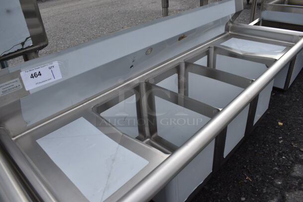BRAND NEW SCRATCH AND DENT! Regency Stainless Steel Commercial 3 Bay Sink w/ Dual Drainboards. Does Not Come w/ Legs. 54x20x23. Bays 10x14x12. Drainboards 10x16x2 - Image 2 of 5