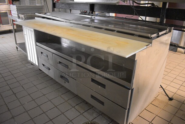 AWESOME! Delfield Stainless Steel Commercial Pizza Prep Table w/ 6 Drawers, Plate Shelf and Cutting Board on Commercial Casters. 83x36x40 - Image 1 of 5