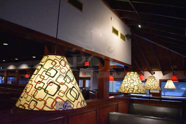 4 Ceiling Mount White Lampshades w/ Geometrical Pattern. BUYER MUST REMOVE. 20x20x16. 4 Times Your Bid! - Image 1 of 3
