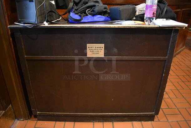 Wood Pattern Hostess Stand w/ NCR 15" POS Monitor and NCR Receipt Printer. BUYER MUST REMOVE. 54x19x40 - Image 1 of 7