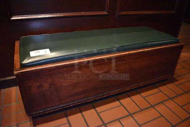 2 Wood Pattern Bench w/ Green Cushion. BUYER MUST REMOVE. 49x18.5x18. 2 Times Your Bid!