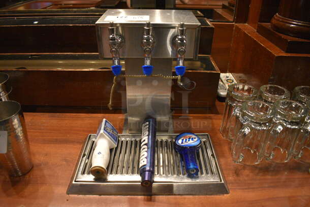 Stainless Steel Commercial 3 Head Beer Tower w/ Drip Tray and 3 Beer Tap Handles: Blue Moon, Bug Light and Miller Lite. BUYER MUST REMOVE. 9x9x13, 14x8x1.5