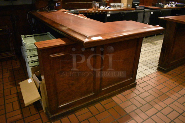 Wood Pattern Bar. Does Not Include Contents or Beer Towers. Does Include Mirrors On Wall. BUYER MUST REMOVE. PCI Will Not Remove and/or Transport This Item. 111x260x43 - Image 2 of 9