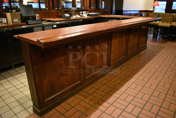 Wood Pattern Bar. Does Not Include Contents or Beer Towers. Does Include Mirrors On Wall. BUYER MUST REMOVE. PCI Will Not Remove and/or Transport This Item. 111x260x43 - Image 3 of 9