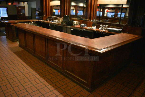 Wood Pattern Bar. Does Not Include Contents or Beer Towers. Does Include Mirrors On Wall. BUYER MUST REMOVE. PCI Will Not Remove and/or Transport This Item. 111x260x43 - Image 5 of 9