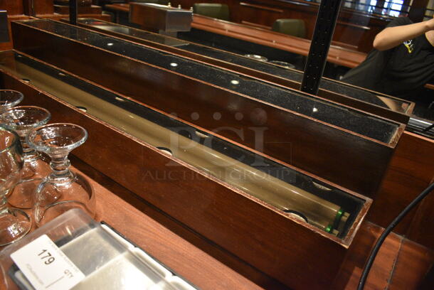 Wood Pattern Bar. Does Not Include Contents or Beer Towers. Does Include Mirrors On Wall. BUYER MUST REMOVE. PCI Will Not Remove and/or Transport This Item. 111x260x43 - Image 8 of 9