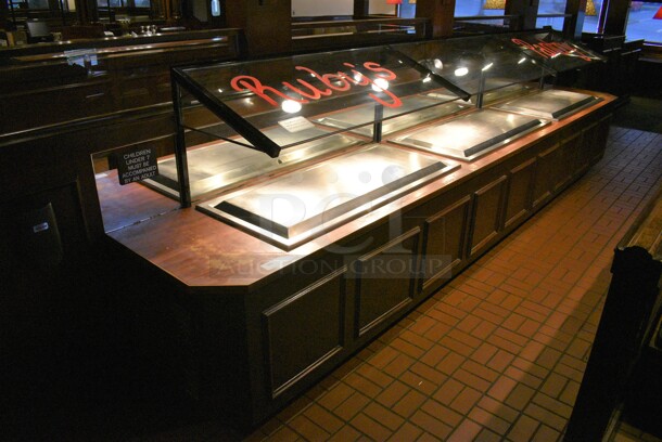 GREAT! Stainless Steel Commercial 3 Drop In Units w/ Sneeze Guard and Wooden Stand / Cabinet. BUYER MUST REMOVE. 222x32x34