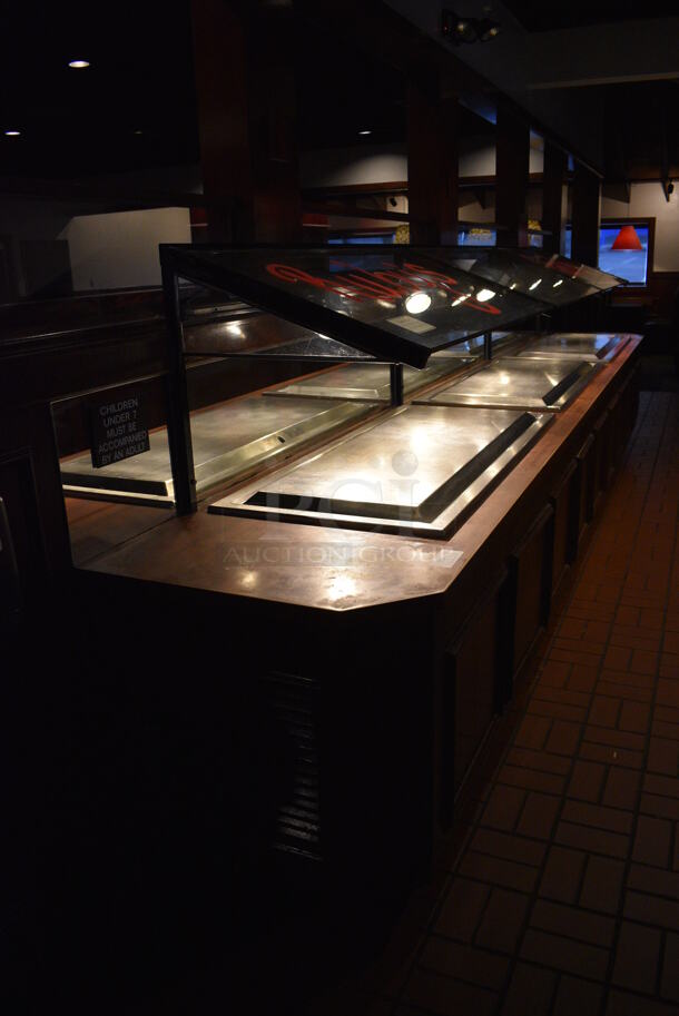 GREAT! Stainless Steel Commercial 3 Drop In Units w/ Sneeze Guard and Wooden Stand / Cabinet. BUYER MUST REMOVE. 222x32x34 - Image 2 of 8