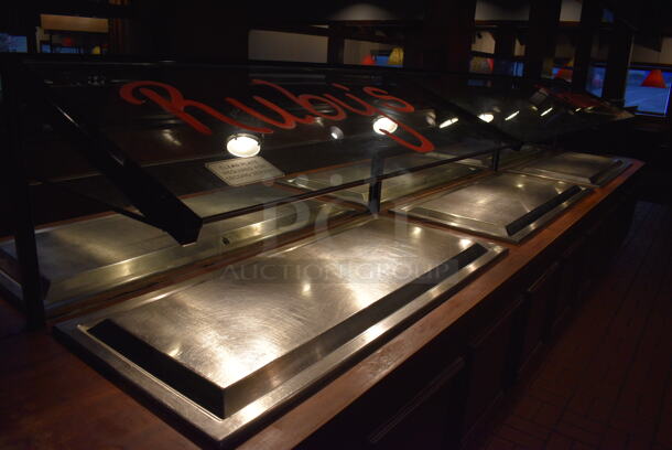 GREAT! Stainless Steel Commercial 3 Drop In Units w/ Sneeze Guard and Wooden Stand / Cabinet. BUYER MUST REMOVE. 222x32x34 - Image 4 of 8