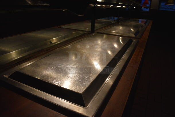 GREAT! Stainless Steel Commercial 3 Drop In Units w/ Sneeze Guard and Wooden Stand / Cabinet. BUYER MUST REMOVE. 222x32x34 - Image 5 of 8