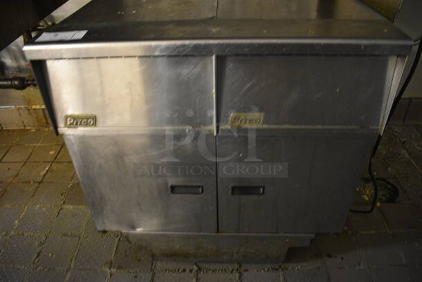 WOW! 2010 Pitco Frialator Model SG14 Stainless Steel Commercial Natural Gas Powered 2 Bay Deep Fat Fryer w/ Filtration System and 2 Lids on Commercial Casters. 110,000 BTU. BUYER MUST REMOVE. 31.5x31.5x46 - Image 3 of 7