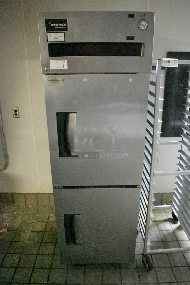 NICE! Delfield Model 6025XL-SH-RR1 Stainless Steel Commercial 2 Half Size Door Reach In Cooler on Commercial Casters. 115 Volts, 1 Phase. 25.5x32.5x79 - Image 1 of 7